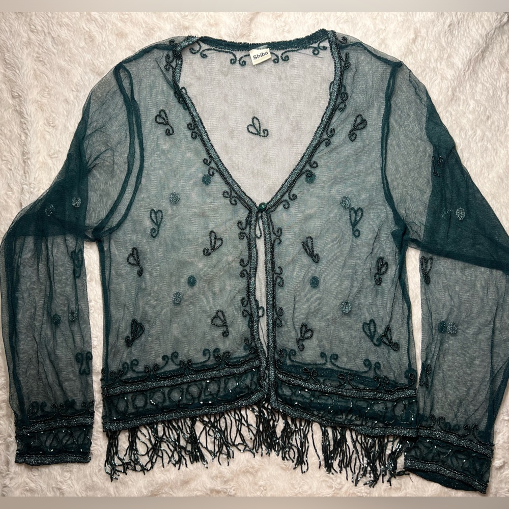 Shiba, unknown size but fits like medium, green with beaded embellishments